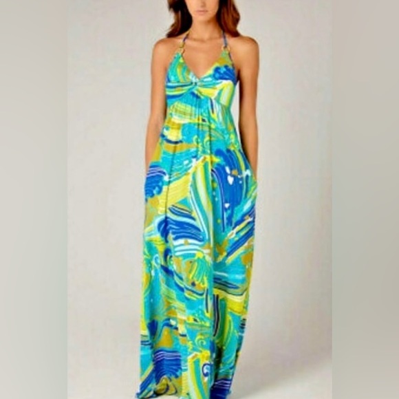 Trina Turk Dresses & Skirts - Trina Turk Resort Bali Waves Long Halter Maxi Dress Turquoise Green Print Size L
